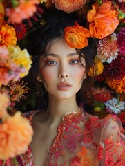 Asian woman is wearing a red dress and is surrounded by flowers in springtime. The flowers are orange and yellow, and they are arranged in a way that makes the woman look like she is in a garden