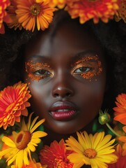 A woman with orange eyeshadow is surrounded by yellow flowers. Concept of beauty and femininity, as the woman's makeup and the flowers complement each other.