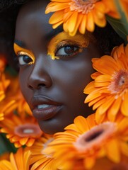 Black woman with gold eyeshadow and orange flowers in her hair in springtime