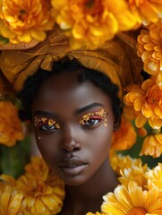 Black woman with a yellow scarf is surrounded by yellow flowers of spring. The flowers are in the background and the woman is the main focus of the image.
