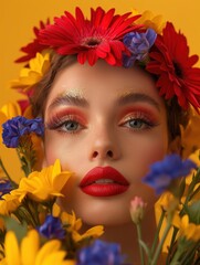 A woman with red lipstick and eyeshadow is surrounded by yellow flowers. The flowers are arranged in a way that makes her look like she is in a garden. Scene is cheerful and playful