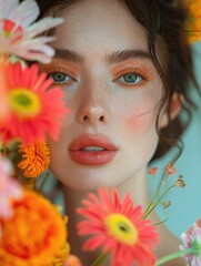 A woman with makeup is surrounded by flowers. The flowers are orange and yellow, and they are arranged in a way that makes the woman look like she is in the middle of them