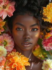 A black woman is surrounded by flowers and has her face painted with gold and orange colors. The image has a warm and vibrant mood, with the flowers and makeup creating a sense of beauty and elegance