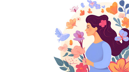 Beautiful girl with flowers and butterflies.  illustration in flat style.