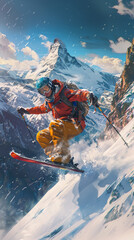 Action-Packed Ski Jump in Photorealistic Landscape
 - obrazy, fototapety, plakaty
