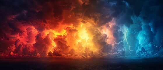 Background for weather forecast, concept of climate change, collage of sky with different weather conditions - bright sun and blue sky, dark stormy sky with lightning, sunset and night - obrazy, fototapety, plakaty