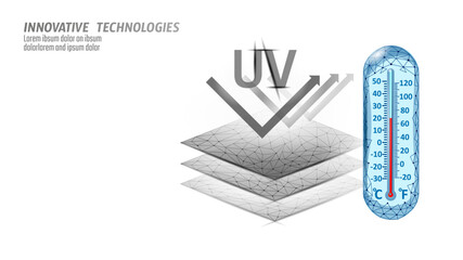  3D UV protection membrane properties. Textile fabric sport sun screen label. Clothing digital design ultraviolet rays safety skin resistance vector illustration