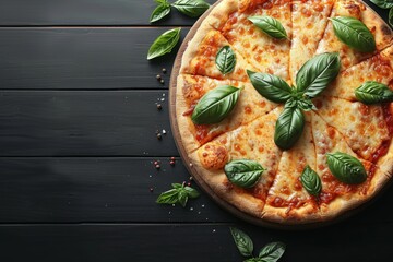 Delicious pizza with tomato sauce, cheese, sausage, and herbs on black background