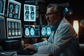 Middle-aged doctor checking brain x-ray results on a monitor at hospital. - obrazy, fototapety, plakaty