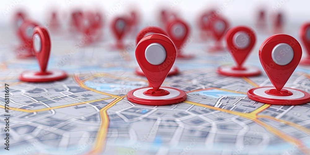 Poster isolated red map location icons on white background.
