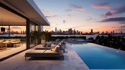 Fototapeta premium Modern villa with a private rooftop infinity pool overlooking the Miami skyline in Florida