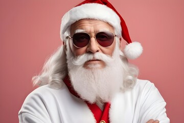 Portrait of a modern elderly Santa Claus with sunglasses and piercing. Pink background. Generative AI