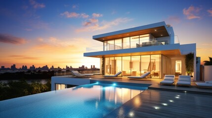Obraz premium Modern villa with a private rooftop infinity pool overlooking the Miami skyline in Florida