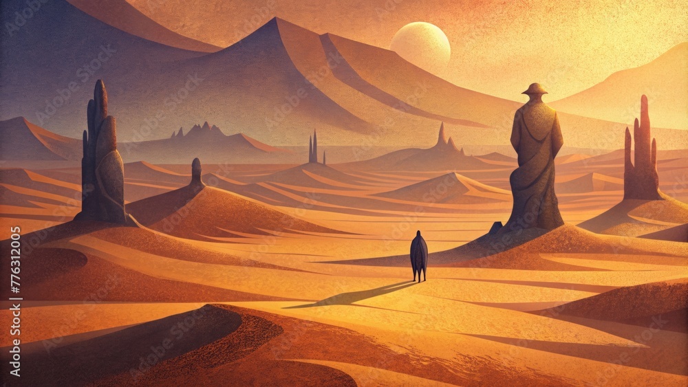 Poster a desolate desert landscape with sculptural figures casting ominous elongated shadows in the harsh s