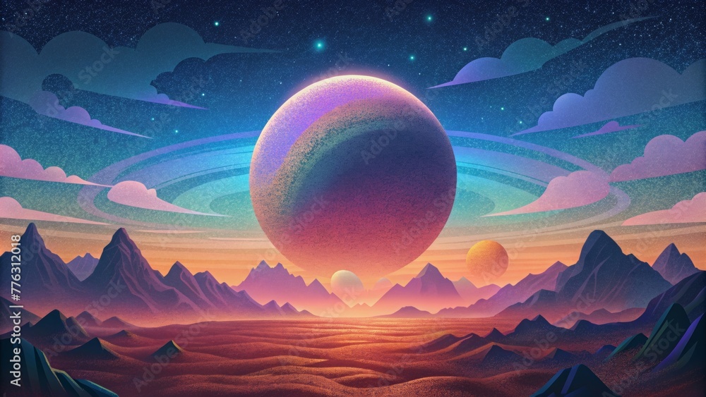 Poster A digital world filled with wonder and mystery portrayed through the striking contrast of a gradient sky and a precise horizon silhouette.