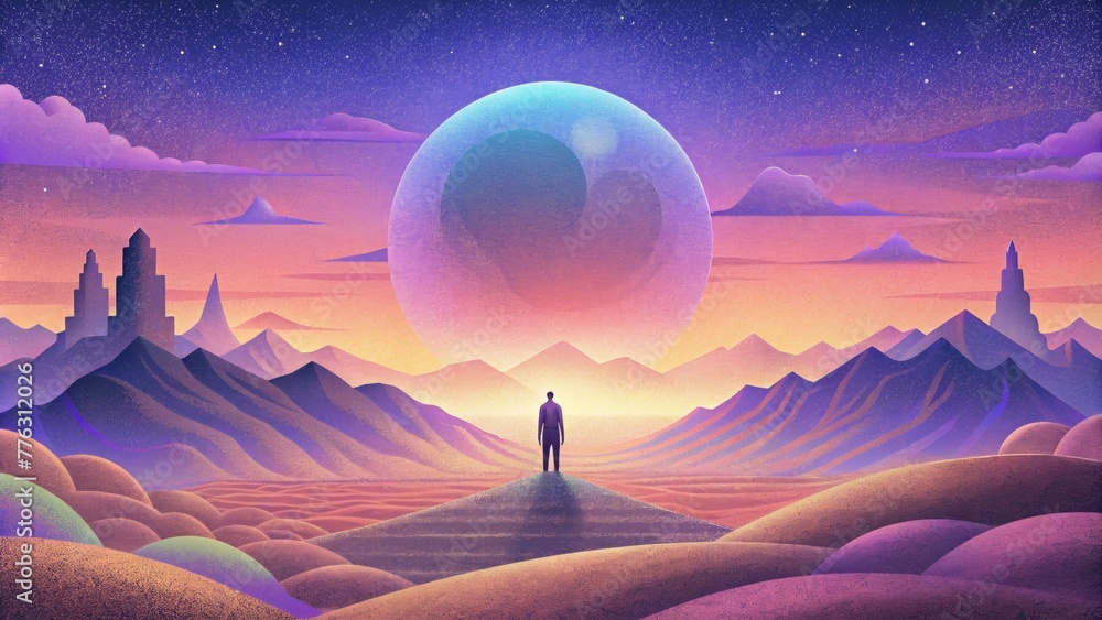 Poster A digital dreamscape where the only limit is the horizon that extends endlessly with its pixelated silhouette against a gradient sky.