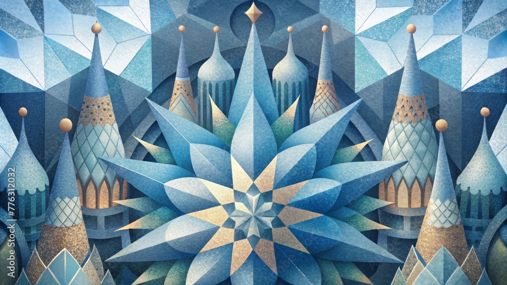 Poster a collage of overlapping geometric patterns evoking the intricate details of the sagrada familia.