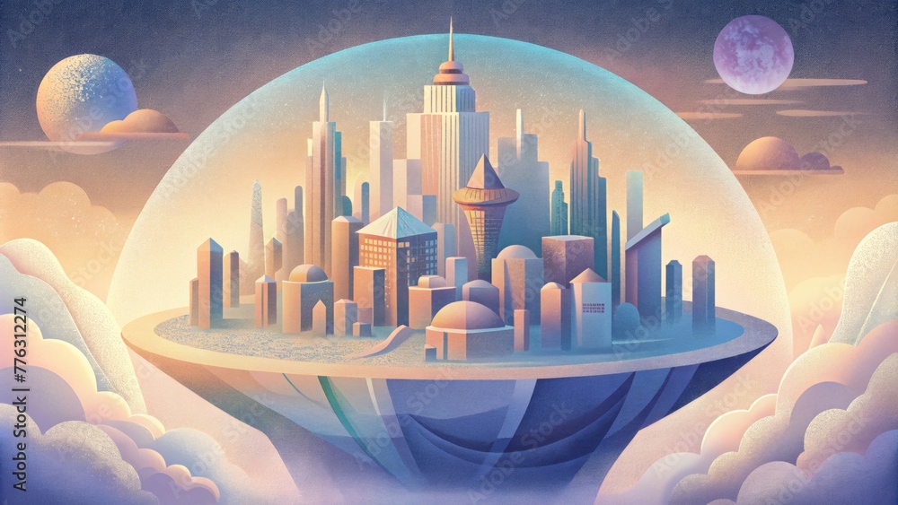 Poster a world of city planning abstracted and distorted into a dreamlike state.