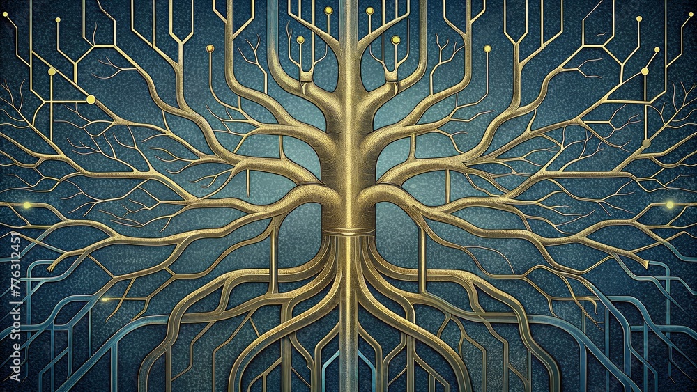 Fototapete Metallic lines branching out like tree roots weaving in and out of each other to create a intricate system of circuitry s.
