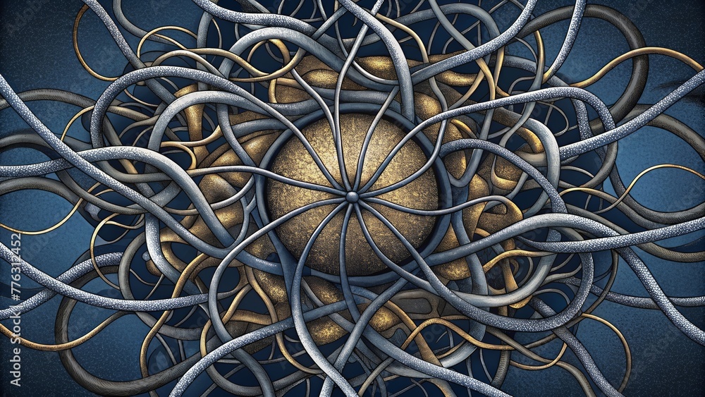 Fototapete a chaotic mess of tangled lines in various metallic shades reminiscent of a complex system of circui