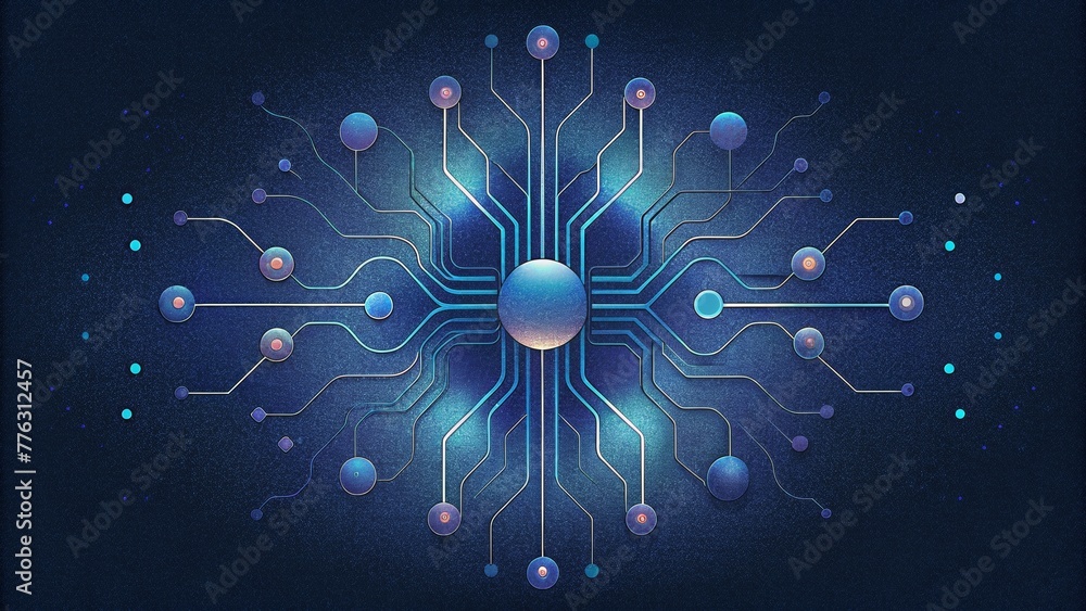 Poster an abstract depiction of electronic circuits with thin lines resembling s interconnecting and flowin