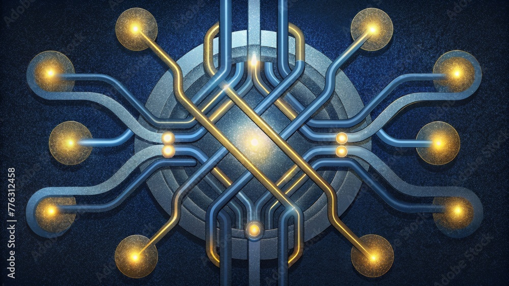 Aufkleber Interconnected lines of silver and gold glowing with a faint blue light creating the illusion of circuitry s.