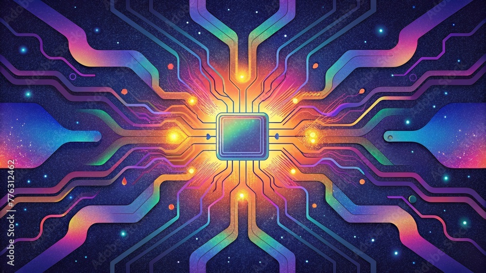 Poster The intricate lines of a circuit board pulsing with vibrant colors and resembling s of energy coursing through a digital landscape.