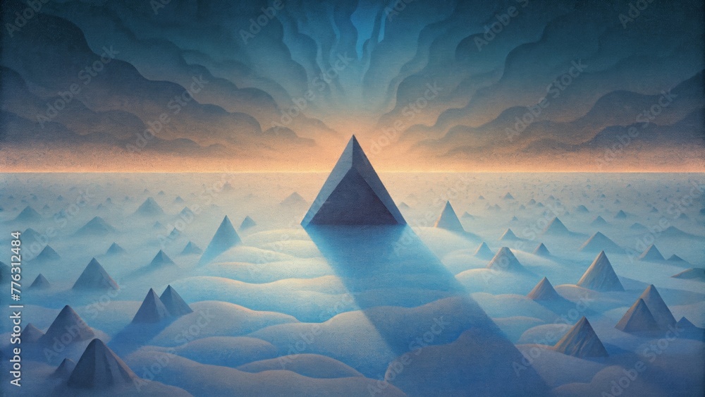 Poster A sharp triangle casting a long stretched shadow ting through a sea of hazy amorphous shapes.