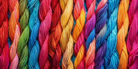 Seamless pattern of multicolored intertwined skeins of wool - obrazy, fototapety, plakaty