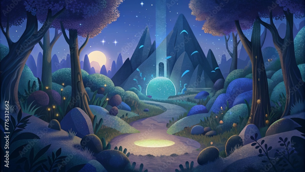 Wall mural A mystical haven where the only guiding light is the moon and the stars illuminating the enchanting forest.