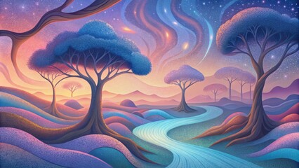 A dreamscape where trees morph into flowing lines and colors blend into one another in a magical haze.