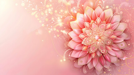 poster for yoga center with place for text, pink gold mandala closeup on pink background with copy space with glitter