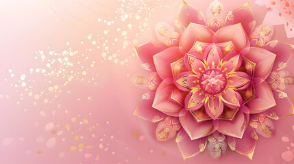 poster for yoga center with place for text, pink gold mandala closeup on pink background with copy space with glitter