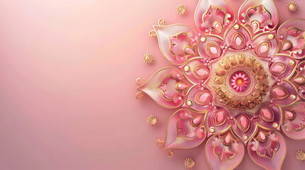 poster for yoga center with place for text, pink gold mandala closeup on pink background with copy space