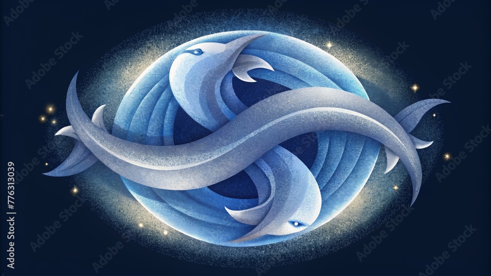 Poster the mysterious and enigmatic pisces is formed by a series of twisting and spiraling silver stars evo