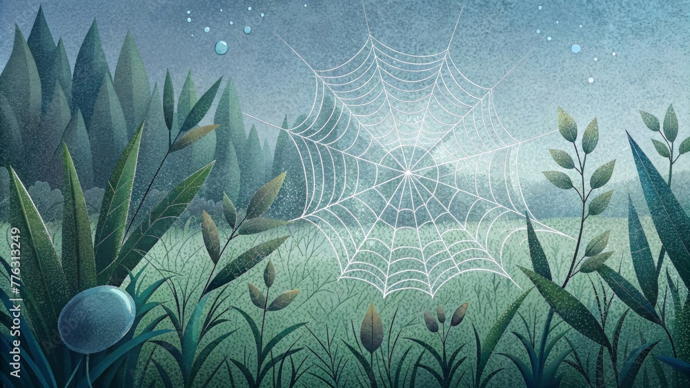 Poster A dewcovered cobweb appearing as a delicate and intricate piece of lacework suspended a the grass and flowers.