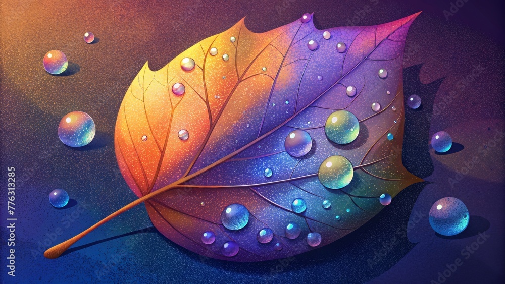 Poster A macro shot of a leaf covered in dew the droplets refracting the vibrant colors of the surrounding environment.