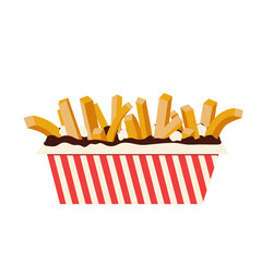 Hand drawn doodle Poutine icon, traditional Quebec meal with fried potato, brown gravy, and cheese curds, Vector illustration isolated on white. Canadian breakfast symbol, Canada national cuisine.