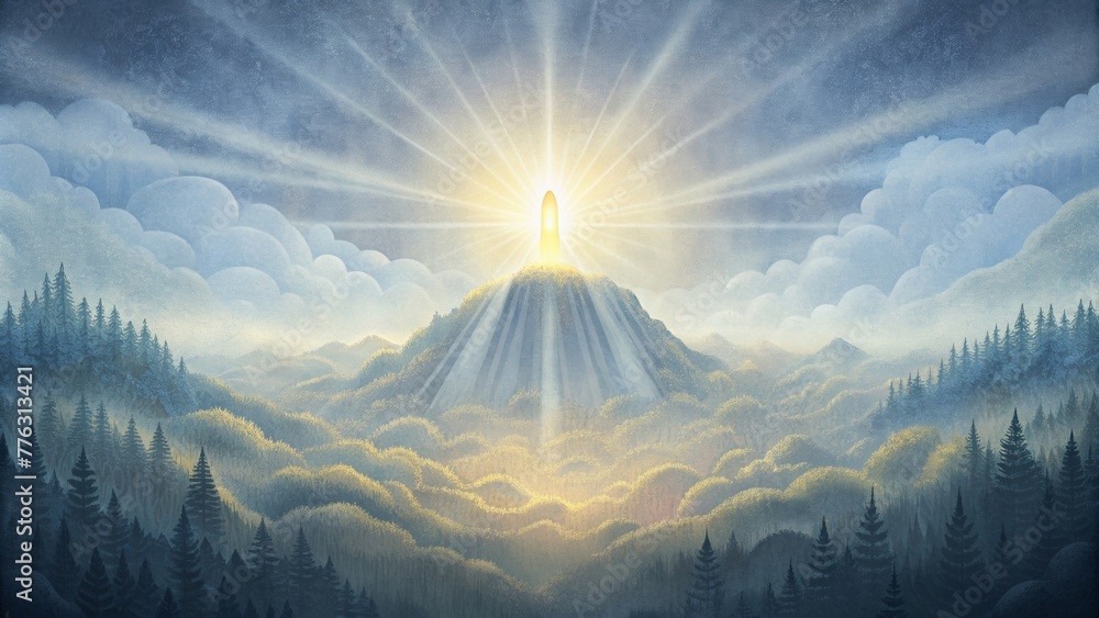 Poster A burst of rays piercing through a dense fog creating a mystical and enchanting veil of light.