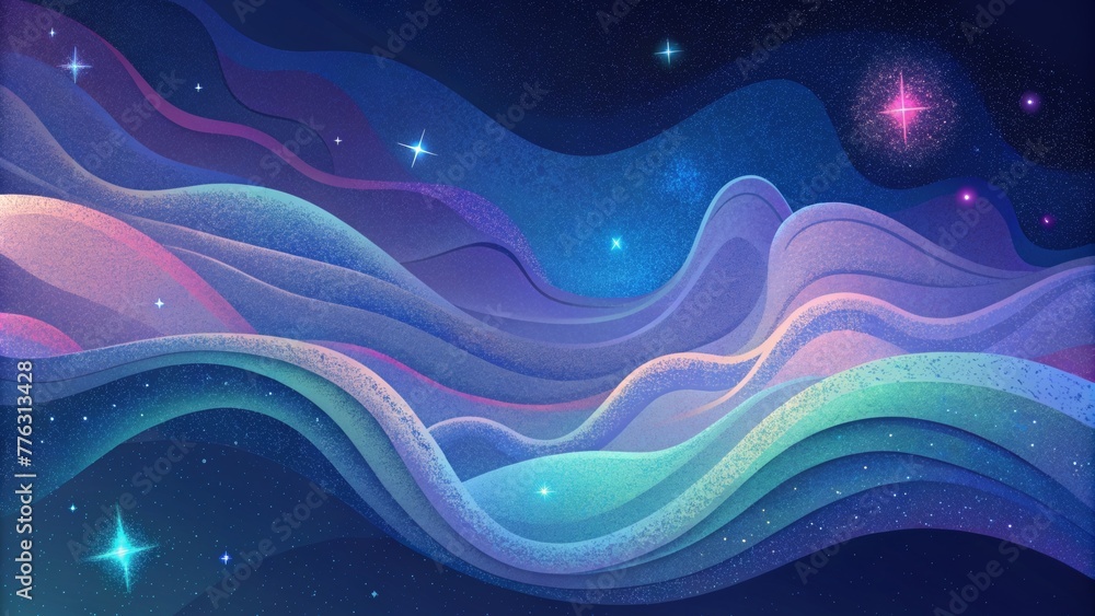 Poster as if reflecting the stars in the night sky the holographic waves twist and swirl creating a cosmic 
