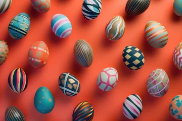 Foto auf Acrylglas a bunch of colorful easter eggs on a red background . High quality AIG42E © Summit Art Creations