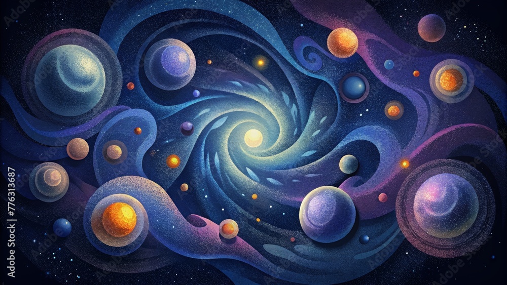 Poster A mesmerizing display of galactic wonders with tangled swirls of cosmic bodies and hints of nebulous clouds.
