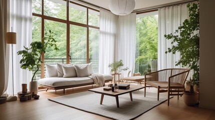 A Japandi style living room, interior close to nature, embraces natural elements to create a serene and harmonious space.