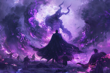 Selective focus of Anime scene of a man in a black cloak with horns and glowing purple eyes standing on the ruins. Surrounded by large demon-like creatures. - obrazy, fototapety, plakaty