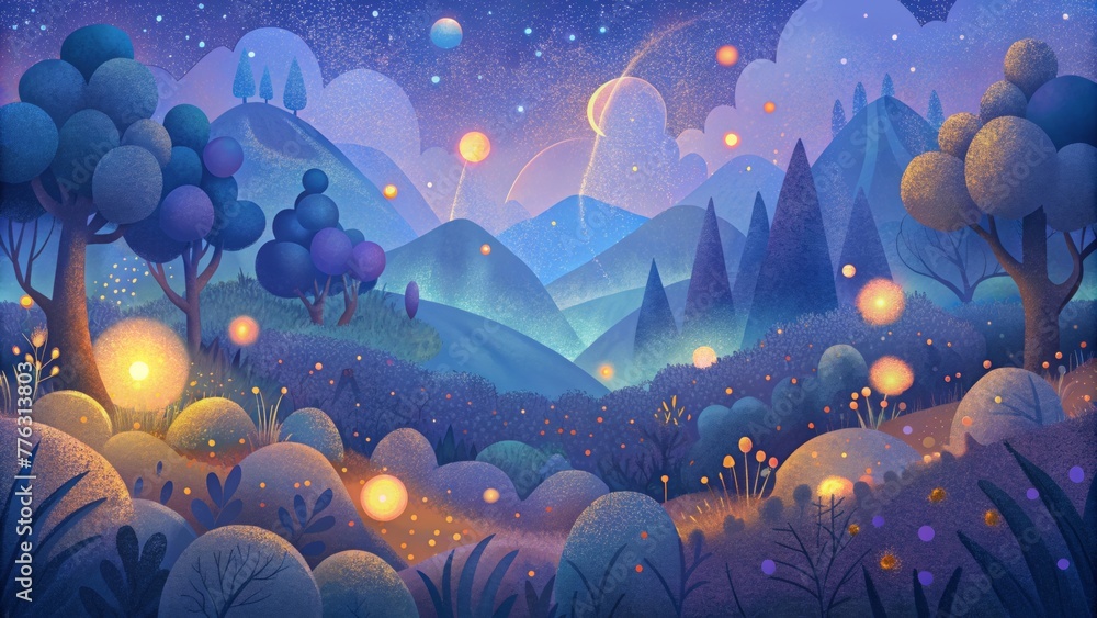 Poster A dreamy and whimsical scene of ling lights reminiscent of summer fireflies in a meadow.