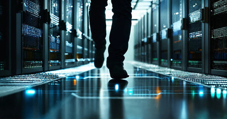 Fototapeta premium The legs of a man walking with a tablet in his han