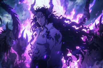 Fototapeta na wymiar Selective focus of Anime scene of a man in a black cloak with horns and glowing purple eyes standing on the ruins. Surrounded by large demon-like creatures.
