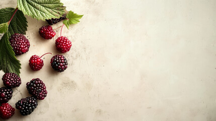 Fresh raspberries and blackberries with leaves on marble background with copy space for text.
