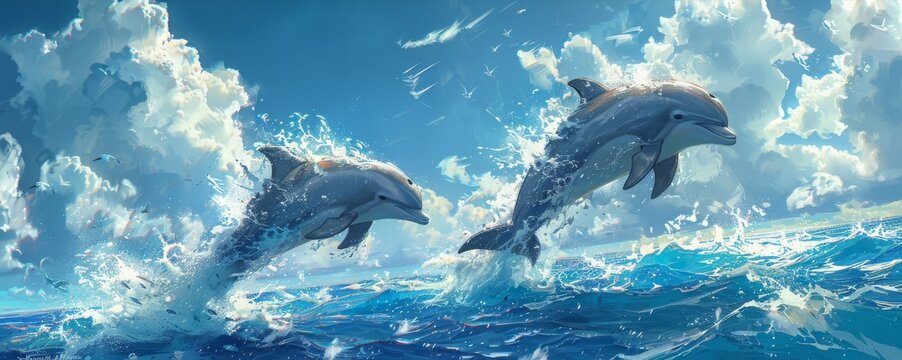 The blue sea and sky, white clouds, and bright sun are all in the background as a couple jumps dolphins