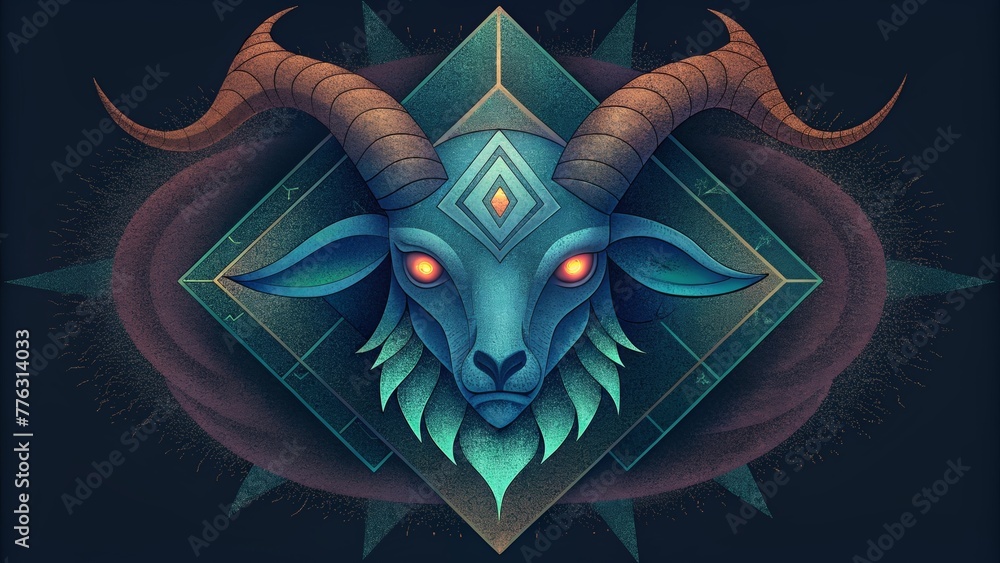 Poster a mysterious and otherworldly symbol depicting a horned creature with intricate geometric patterns a